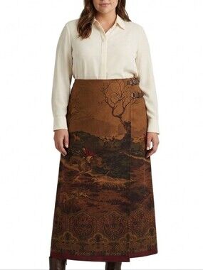 Vintage Ralph Lauren Equestrian Brown Scenic Buckle Wrap Maxi Skirt 90's 18w